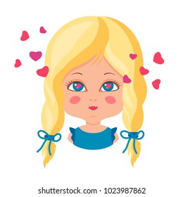 Love the girl.Sweet little baby.The hearts in his eyes,the red lips.Card for Valentine's day.Feast of all lovers.A cartoon vector illustration.Children's emotions.