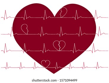 Love gives birth to a new life. Cardiogram of lonely people in a big heart. One line postcard. Vector stock illustration