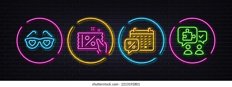 Love glasses, Discounts calendar and Discount coupon minimal line icons. Neon laser 3d lights. Puzzle icons. For web, application, printing. Spectacles with hearts, Sale month, Sale flyer. Vector