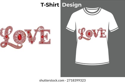 Ilustración vectorial de camiseta de tipografía con brillo amoroso, diseño de texto rojo brillante para el día de San Valentín, pasión romántica y glamour brillante.