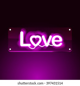 Love. Glowing neon signboard. Text on background. Illustration for your business, bar, restaurant, cafe, night club