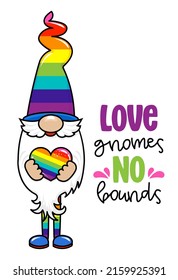 Love gnomes, no bounds - hand drawn modern dwarf illustration. Perfect for advertising, poster, announcement or greeting card. Beautiful gnome in happy Pride Month costume. Love is love.