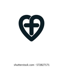 Love of God conceptual symbol combined with Christian Cross and heart, vector creative logo.