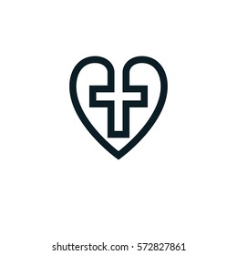 Love of God conceptual symbol combined with Christian Cross and heart, vector creative logo.