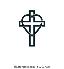 Love of God conceptual symbol combined with Christian Cross and heart, vector creative logo.