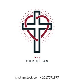 Love of God vector creative symbol design combined with Christian Cross and heart, vector logo or sign.