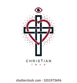 Love of God vector creative symbol design combined with Christian Cross and heart, vector logo or sign.