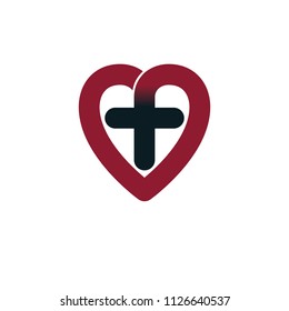 Love of God vector creative symbol design combined with Christian Cross and heart, vector logo or sign.