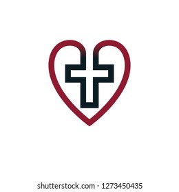 Love of God vector creative symbol design combined with Christian Cross and heart, vector logo or sign.