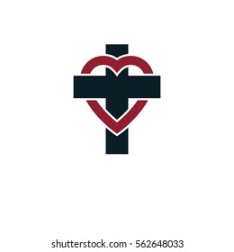 Love of God vector creative symbol design combined with Christian Cross and heart, vector logo or sign.