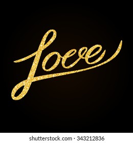 Love - gold glitter hand lettering on black background greeting card