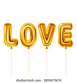 Love gold helium metallic glossy balloons realistic text. Background design happy Valentines Day, party, decoration, greeting card. Vector banner flyer isolated