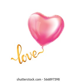 Love gold letter red heart balloon. Golden sparkles background. Happy valentines day. I love you. Gold background for greeting card, sign, banner, invitation. Shine calligraphy text, type, lettering.