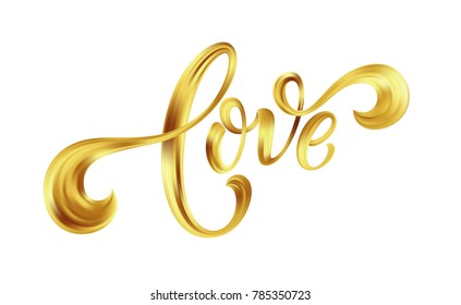 Love gold lettering text on background, hand painted letter, golden valentines day handwritten calligraphy for greeting card, invitation, wedding, save the date. Vector illustration EPS10