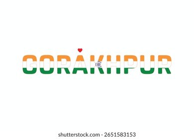 I Love GORAKHPUR, Projeto tipográfico de I Love GORAKHPUR sobre um fundo branco, Bandeira Tipografia de GORAKHPUR com coração, Projeto vetorial de I Love GORAKHPUR