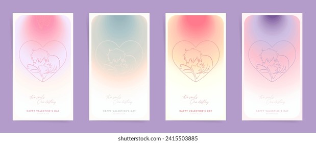 Animo Gradiente fondos con siluetas de parejas de besos animales modernos, personajes de manga cursi en corazones con colores tensos rosados y morados.