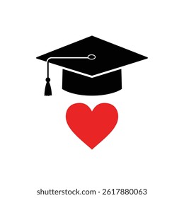 Love For Graduation Conceptual Design Black Mortarboard Cap And Red Heart