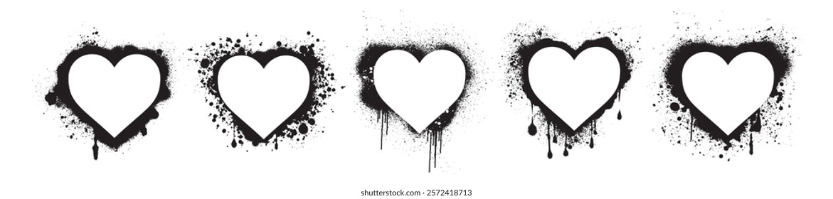 Love graffiti heart frame set, vector romantic Valentine day ink spray border, dark grunge splash. Street art urban dripped spot, black outline stain shape design, airy liquid texture. Love graffiti