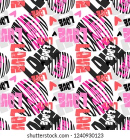 Love graffiti seamless hand lettered text, typographic style print.Valentine's Day greeting card, funky style painted doodles texture for fabric, wrapping,textiles or t-shirt apparel design.