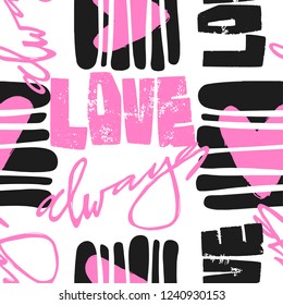 Love graffiti seamless hand lettered text, typographic style print.Valentine's Day greeting card, funky style painted doodles texture for fabric, wrapping,textiles or t-shirt apparel design.