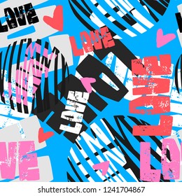 Love graffiti seamless hand lettered text, typographic style print.Valentine's Day greeting card, funky style painted doodles texture for fabric, wrapping,textiles or t-shirt apparel design.