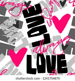 Love graffiti seamless hand lettered text, typographic style print.Valentine's Day greeting card, funky style painted doodles texture for fabric, wrapping,textiles or t-shirt apparel design.