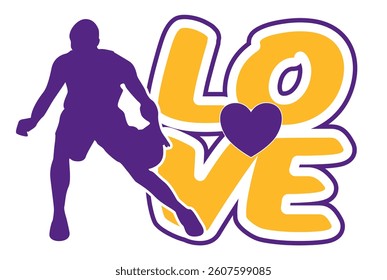 Love graffiti style lettering with heart in the center and basketball player next to it; sport vector graphic; purple and gold yellow colors