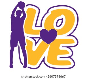 Love graffiti style lettering with purple heart in the center and basketball player next to it; sport vector graphic; gold yellow and purple colors