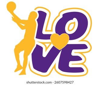 Love graffiti style lettering with yellow heart in the center and basketball player next to it; sport vector graphic; gold yellow and purple colors