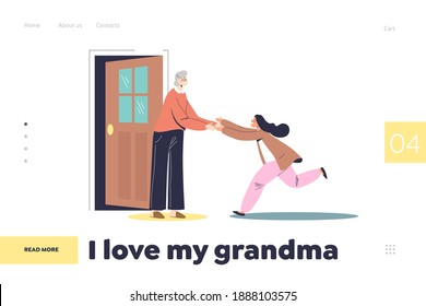 Love Grandma Landing Page Concept With Happy Little Girl Running To Hug Grandmother. Granddaughter Visiting Granny. Family Spending Time Together. Cartoon Vector Illustration