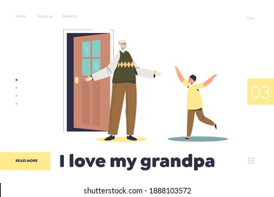 Love grandpa landing page concept with happy little boy running to hug his grandfather. Grandson visiting grandparents. Senior man welcoming grandchild. Cartoon flat vector illustration