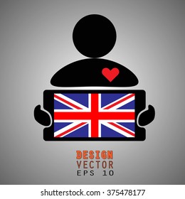 I love GREAT BRITAIN new vector. Silhouette of a man holding the flag with the heart symbol. Patriotic icon logo. Vector EPS 10
