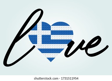 Love Greece Text. Flag in heart. Calligraphy text. From plastic building bricks blocks toy. Vector illustration.