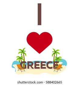 I love Greece. Travel. Palm, summer, lounge chair Vector flat illustration