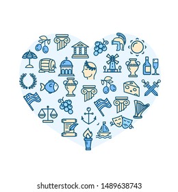 Love Greece Travel and Tourism Concept Heart Shape Design Template Thin Line Icon Set. Vector illustration