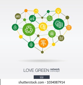 Love green, environmental integrated thin line icons in heart shape. Digital network concept. Connected graphic design polygons, circles system. Vector abstract background for ecology, recycle, energy