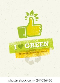 I Love Green Thumb Up With Green Leaves Creative Vector Concept.