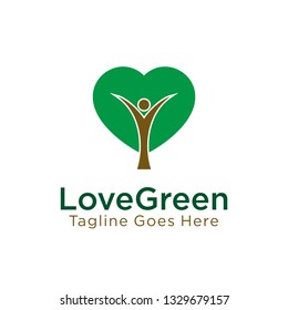 love green vector design. human tree icon with love icon as green leaves concept. go green logo. nature conservation logo. eco company logo. environmental protection logo