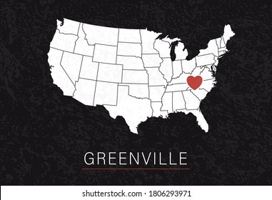 Love Greenville Picture. Map of United States with Heart as City Point. Vector Stock Illustration