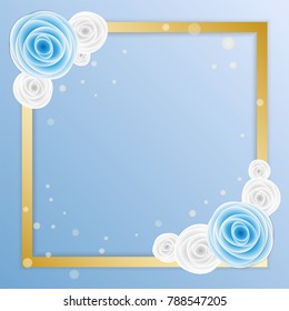Love greeting card with blue and white rose in paper art style