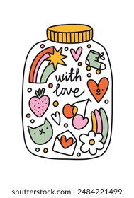 With love greeting card. Cartoon jar filled with lovely kids doodles, vector illustration, celebrating love and friendship