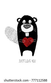 Love greeting card with cute beaver holding heart. Funny poster or card for birthday, save the day, wedding, Valentine's day, anniversary or just for sharing the feelings.