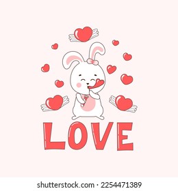 Love greeting card with cute bunny character and flying hearts around in doodle style
