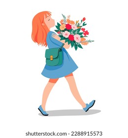 Love greeting card. A cute cheerful girl in red hair walks and carries a huge bouquet of flowers in her hands. Girl character on white background. Isolated,vector illustration