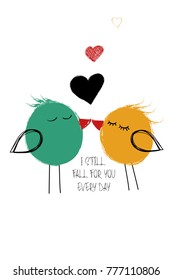 Love greeting card with cute couple of kissing birds. Funny poster or card for birthday, save the day, wedding, Valentine's day, anniversary or just for sharing the feelings.