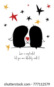 Love greeting card with cute couple of penguins holding hands. Funny poster or card for birthday, save the day, wedding, Valentine's day, anniversary or just for sharing the feelings.