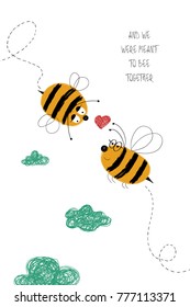 Love greeting card with cute couple of bees. Funny poster or card for birthday, save the day, wedding, Valentine's day, anniversary or just for sharing the feelings.