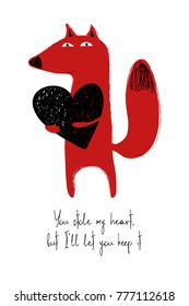 Love greeting card with cute fox holding heart. Funny poster or card for birthday, save the day, wedding, Valentine's day, anniversary or just for sharing the feelings.