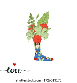 Love greeting card, with cute illustration of funny woman sock with flowers and leaves inside. Quote print Love word design. Vector illustration, flowers in sock. Birthday funny greeting card.