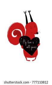 Love greeting card with cute squirrel holding heart. Funny poster or card for birthday, save the day, wedding, Valentine's day, anniversary or just for sharing the feelings.